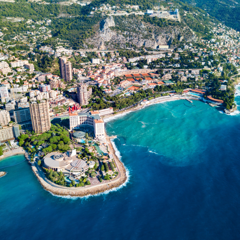 Monte Carlo, Monaco aerial panoramic view. Monaco is a country on the French Riviera near France in Europe.